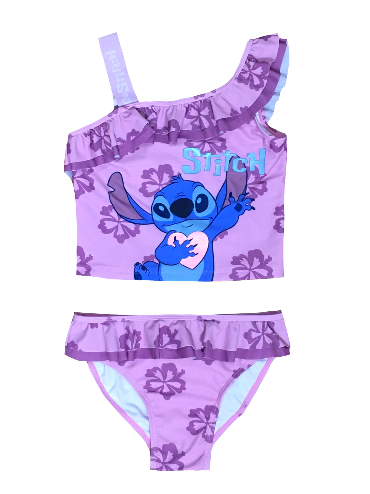 Disney Lilo & Stitch Girls Swimming Costume, 2 Piece Swimsuit, Kids Swimwear Featuring Stitch, Lilac, Age 8-9 Years