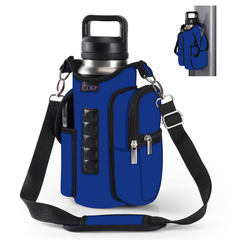 icolor Gym Magnetic Bag Water Bottle Carrier Holder with Phone Pockets & Gym Accessories Organizer for Men Women,5 Built-in Magnets Gym Bottle Sling Bag Pouch Sleeve with Handle Shoulder Strap (Blue)