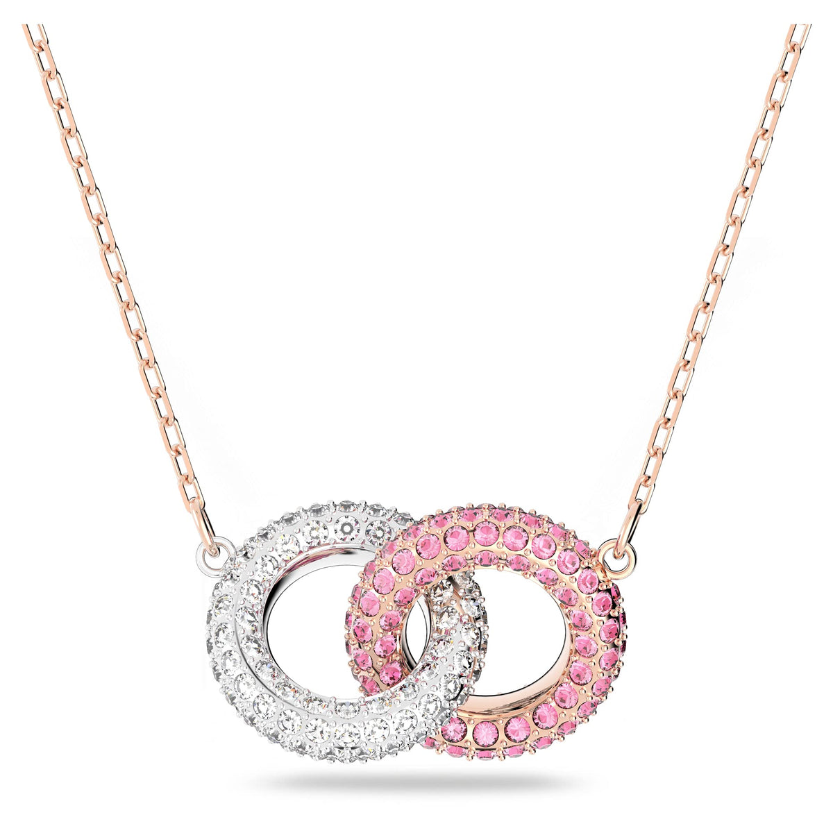 SWAROVSKI Stone Pendant Necklace with Interlocking Circle Design, Pink and White Crystals on Rose Gold-Tone Finish Chain, Part of the Stone Collection