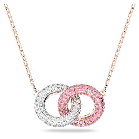 SWAROVSKI Stone Pendant Necklace with Interlocking Circle Design, Pink and White Crystals on Rose Gold-Tone Finish Chain, Part of the Stone Collection