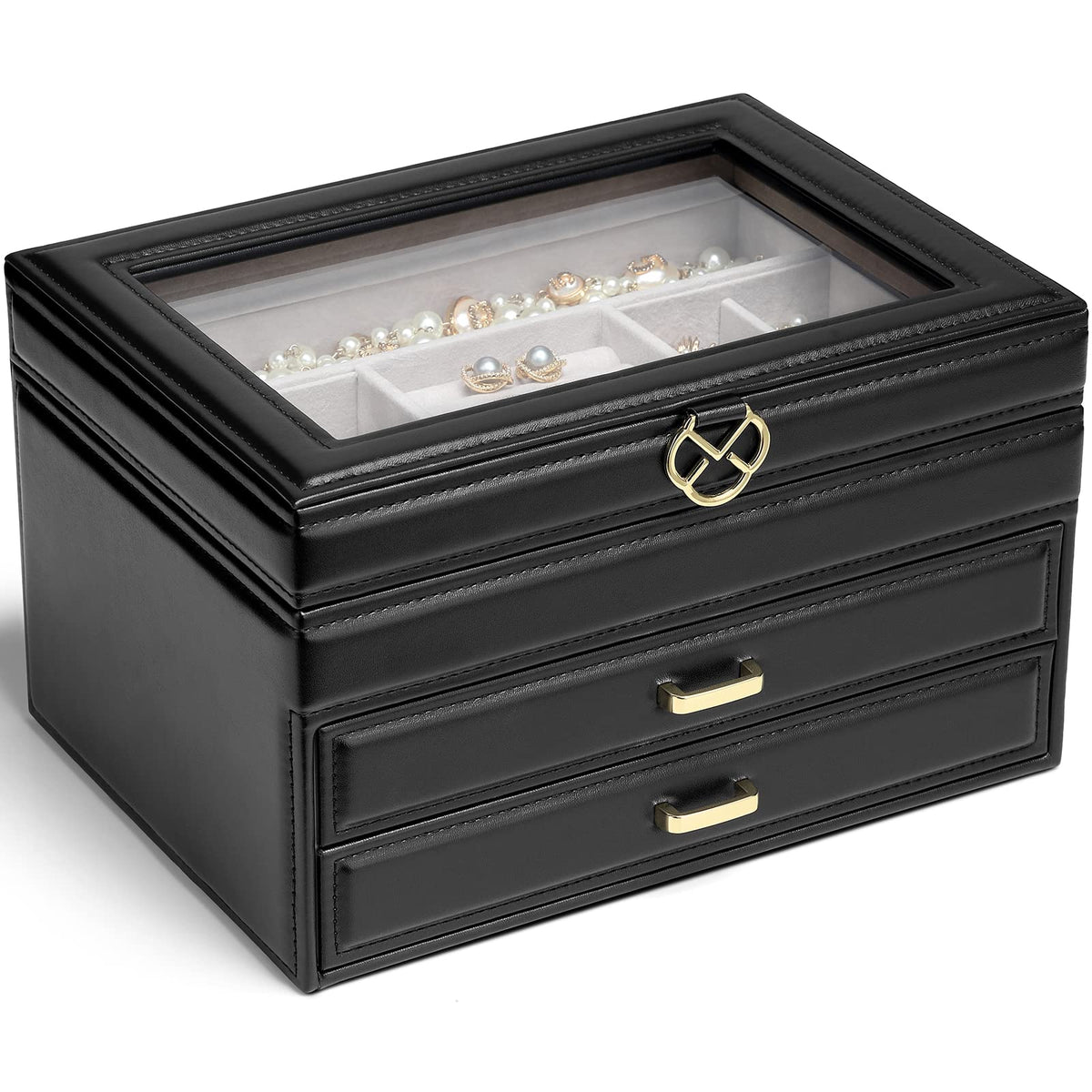 Vlando 3-Layer Jewelry Box for Women Girls - Jewelry Organizer Box with Glass Lid - Jewelry Storage Box with 2 Drawers for Necklace Rings, Earrings, Bracelet - Black
