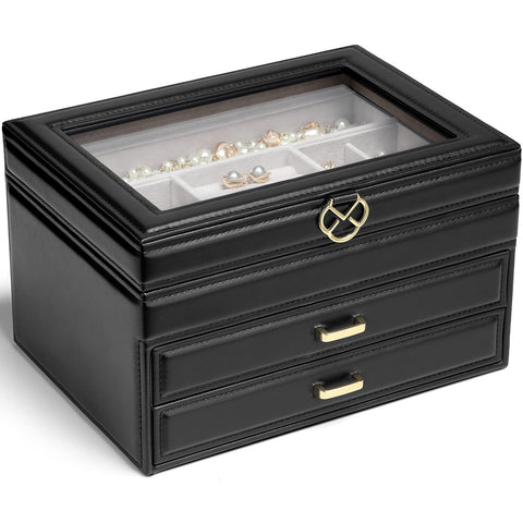Vlando 3-Layer Jewelry Box for Women Girls - Jewelry Organizer Box with Glass Lid - Jewelry Storage Box with 2 Drawers for Necklace Rings, Earrings, Bracelet - Black