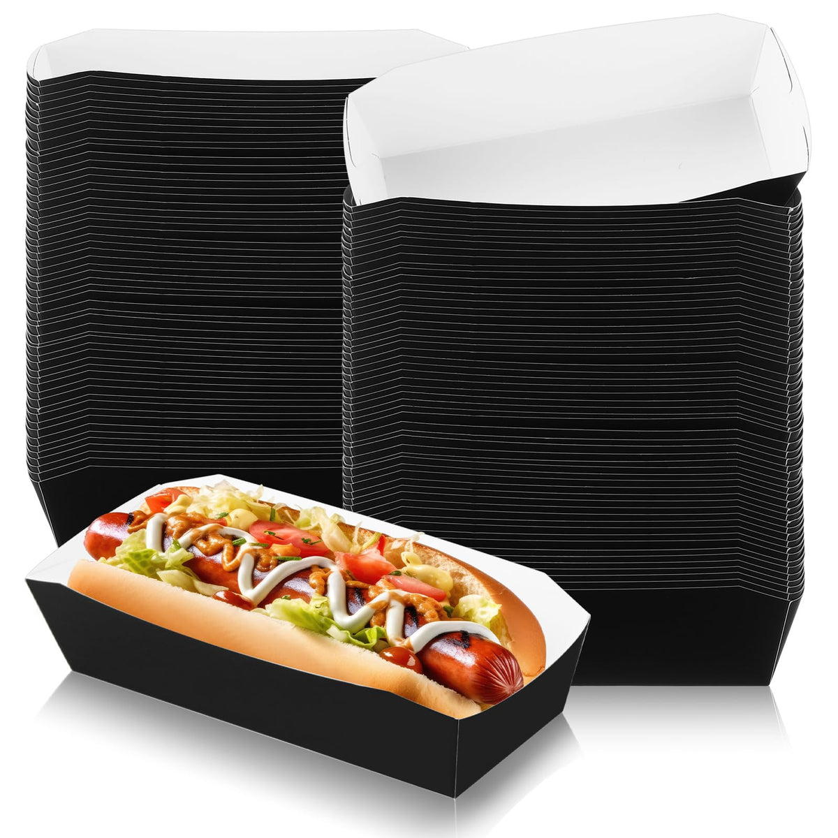 Yeaqee 100 Pcs 7" Paper Hot Dog Trays Disposable Paper Food Nacho Boats Hot Dog Holders Hot Dog Plates Disposable Serving Trays for Carnivals, Parties, Dinner, Cookouts(Black)