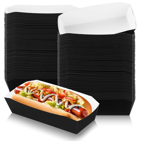 Yeaqee 100 Pcs 7" Paper Hot Dog Trays Disposable Paper Food Nacho Boats Hot Dog Holders Hot Dog Plates Disposable Serving Trays for Carnivals, Parties, Dinner, Cookouts(Black)