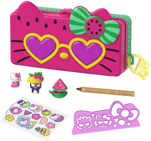Mattel Mattel Hello Kitty and Friends Minis Watermelon Beach Party Pencil Case Playset (7.5-in) with 2 Sanrio Figures and Stationery Supplies, Great Gift for Kids Ages 4Y+