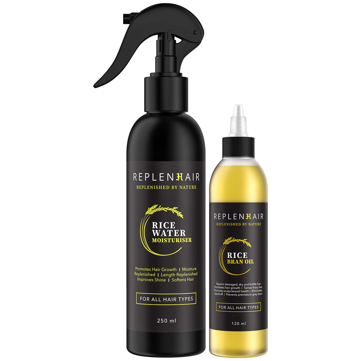 Replenhair Natural Rice Water Hair Spray 250ML Bundle with Rice Water Bran Oil - 100% Natural Handmade Infused with Hair Growth Oil and Essential Oil for All Hair Types - Ideal Solution for Hair Care