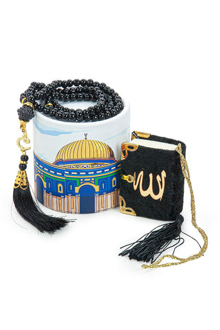 ihvan online, Islamic Prayer Cylinder Gift Box with Elegant Velvet Covered Mini Quran & Prayer Beads Tesbih, Misbaha Tasbeeh Sibha 99 Mala Tasbih, Ramadan & Eid Gift, Aksa Black