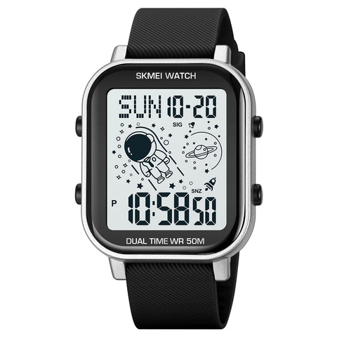 SKMEI Digital Watch Men, Mens Ultra-Thin Digital Sports Watch LED Screen Military Waterproof Wrist Watches for Men Casual Stopwatch Alarm Countdown Army Watch, Silver, 2.12*1.54*0.43 inch, Sports