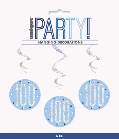 Unique Party 83805 Blue Prismatic 100th Birthday Hanging Decorations,32" 6 Pcs, Age 100
