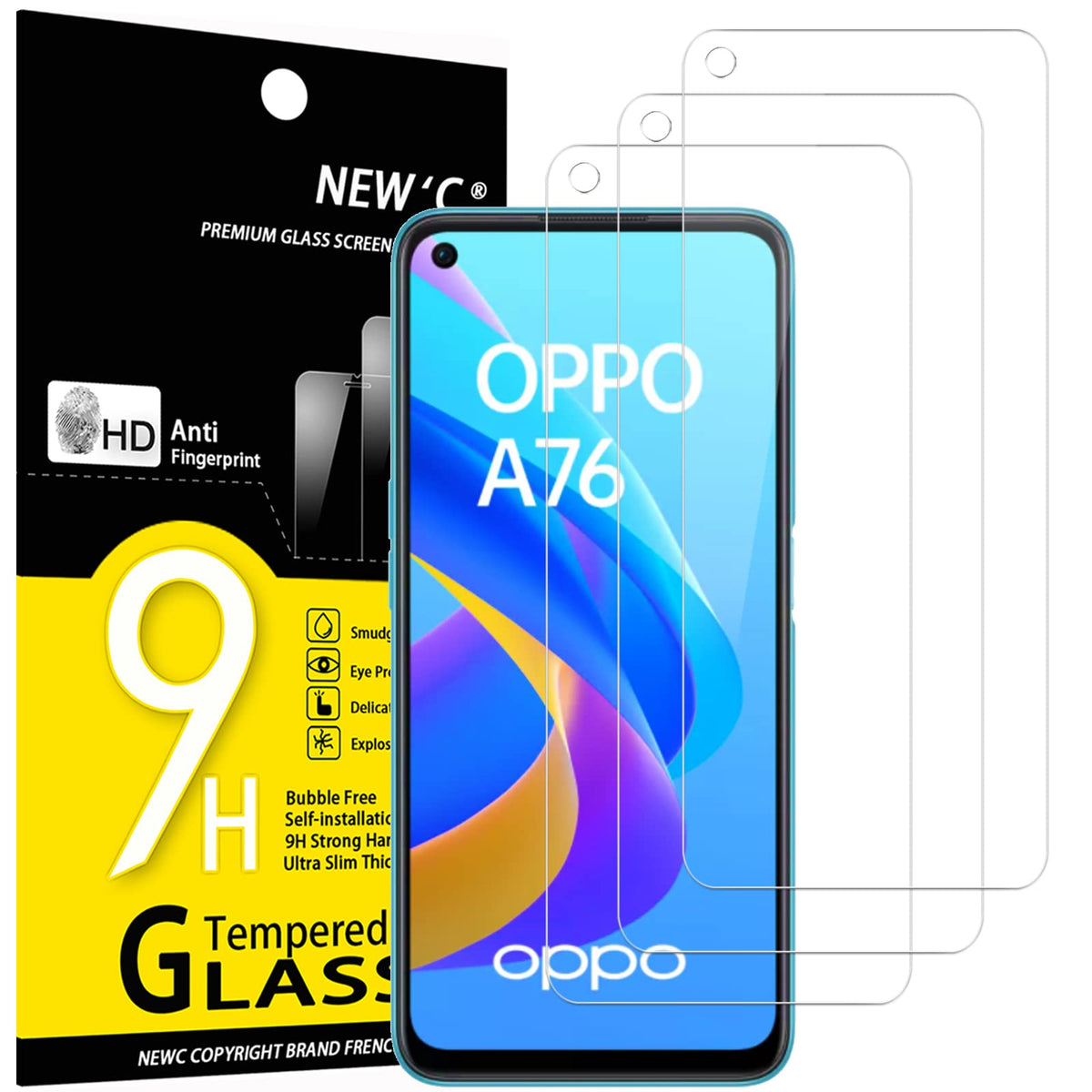 NEW'C 3 Pack Designed for Oppo A76 Screen Protector Tempered Glass,Case Friendly Scratch-proof, Bubble Free, Ultra Resistant