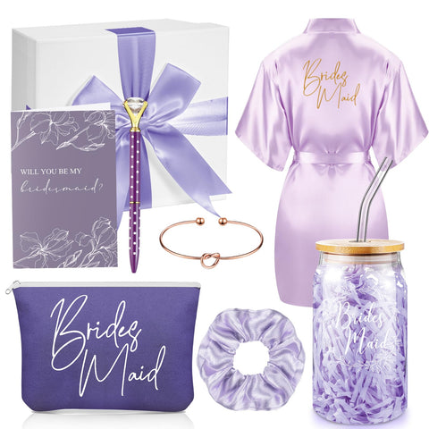 Irenare 8 Pcs Bridesmaid Proposal Gifts Set Robes Makeup Bag Cup Cards Hair Tie Bracelet Diamond Pen Maid of Honor Gift Box (Light Purple)