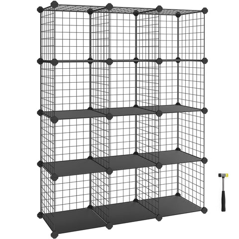 SONGMICS 12-Cube Wire Grid Storage Rack, Interlocking Shelving Unit with Metal Mesh Shelves and PP Plastic Sheets, for Books Shoes Clothes Tools, in Living Room Bathroom, Black LPI34H