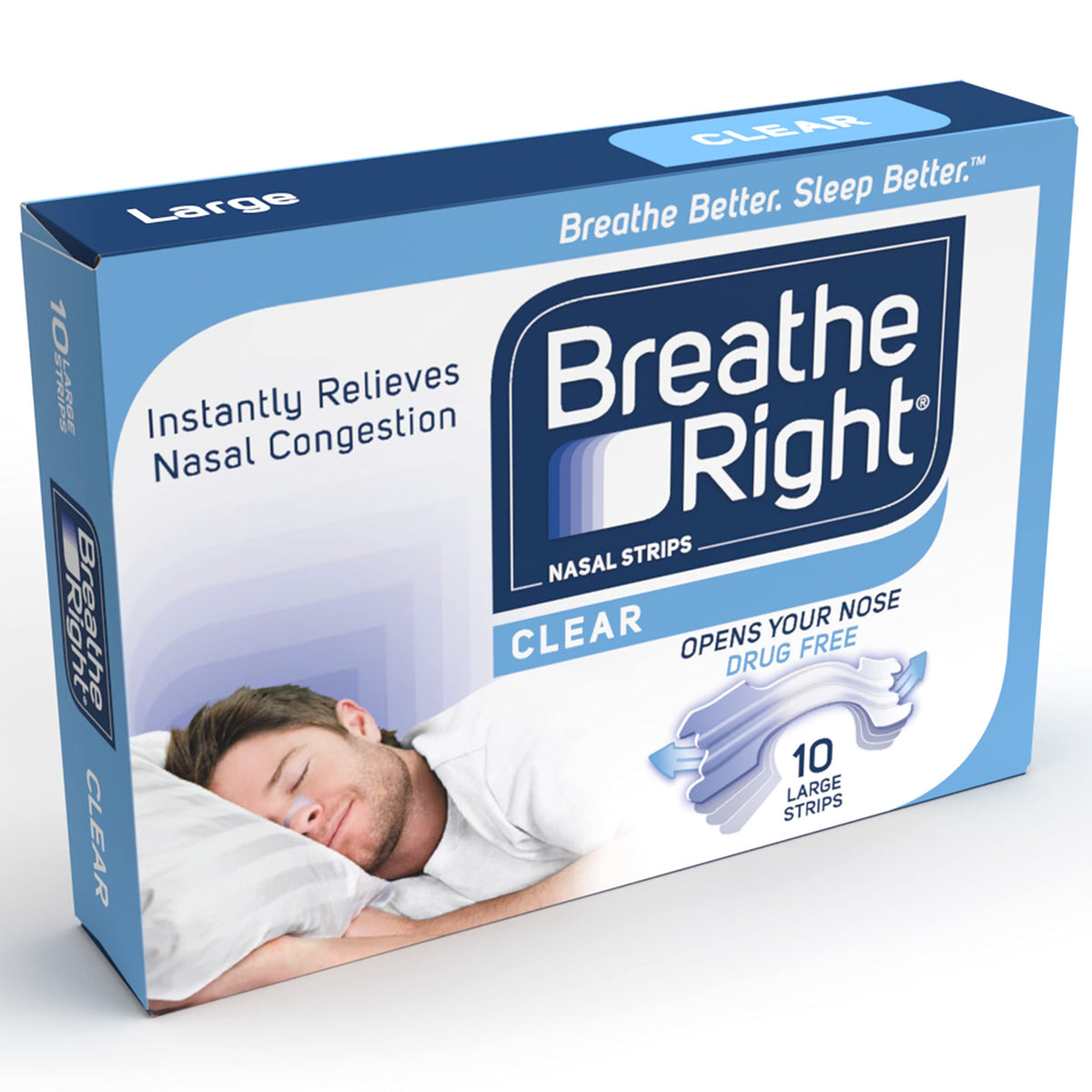 Breathe Right Nasal Strips Clear Large 10s | Instantly Relieves Nasal Congestion | Helps Reduce Snoring | Drug-free