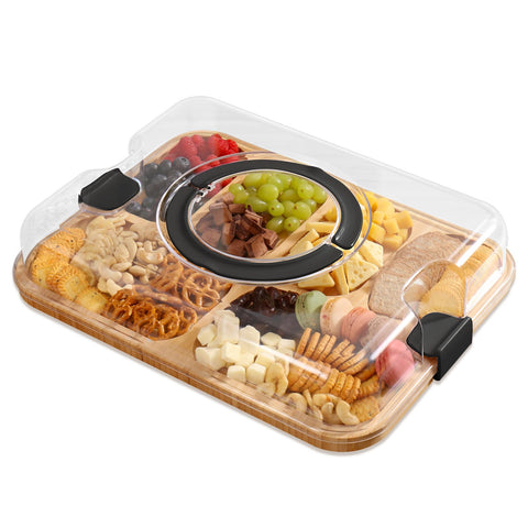KHINYA Cutting Board - Charcuterie Boards with Lid, Portable Cutting Boards for Kitchen, Bamboo Cheese Board for Snack, Charcuterie (6 Compartments Obsidian)