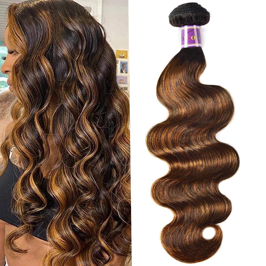 UNice Ombre Brown Highlight Body Wave Human Hair Weave 1 bundle 10 inch, Brazilian Remy Hair Dark Root Blonde Human Hair Weaves Extension Piano Color TFB30