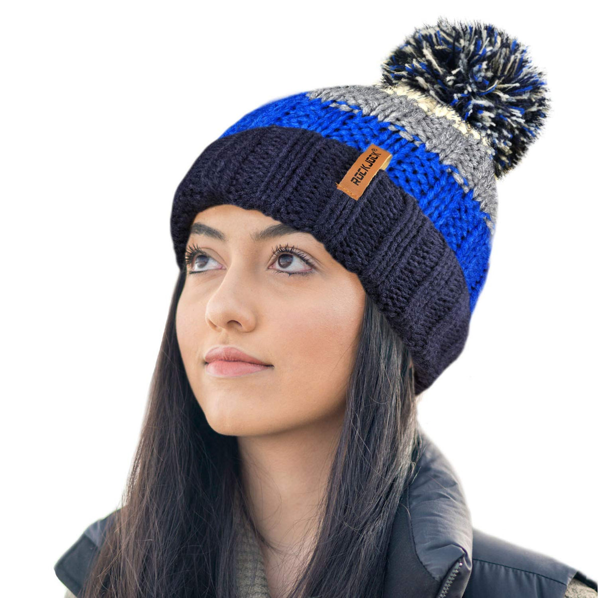 RockJock R80 Unisex Mens Ladies Thermal Insulating Striped Beanie Bobble Hat with Cosy Fleece Lining Blue/Cream