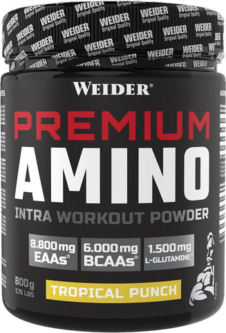 Weider Premium Amino Powder, Tropical, Intra Workout, 8,000mg EAA's, 6,000mg BCAA's, Glutamine, Plus Electrolytes, 800g