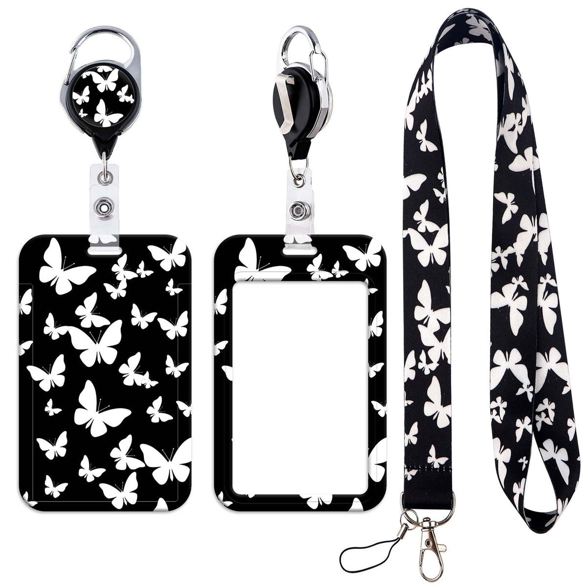 Black and White Butterfly Lanyard ID Card Holder with Retractable Badge Reel Neck Strap Key Lanyard for Teacher Kids Nurse Student Cruise Office Volunteer