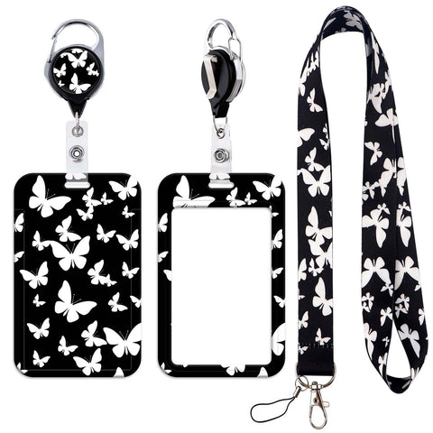 Black and White Butterfly Lanyard ID Card Holder with Retractable Badge Reel Neck Strap Key Lanyard for Teacher Kids Nurse Student Cruise Office Volunteer
