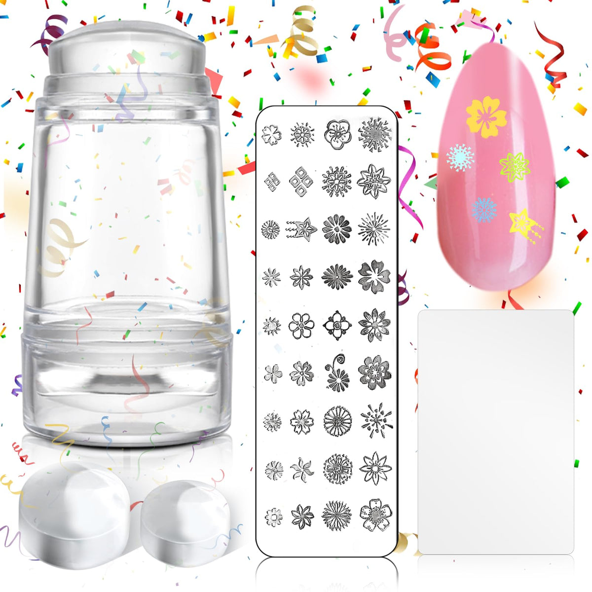 Nail Art Stamper Set - 1 Pc Silicone Nail Art Stamper with 2 Pcs French Nail Stamper Head, 1 Nail Stamping Plate and 1 Scraper, Manicure Tools Kit for Home Salon DIY Nail Art Decor