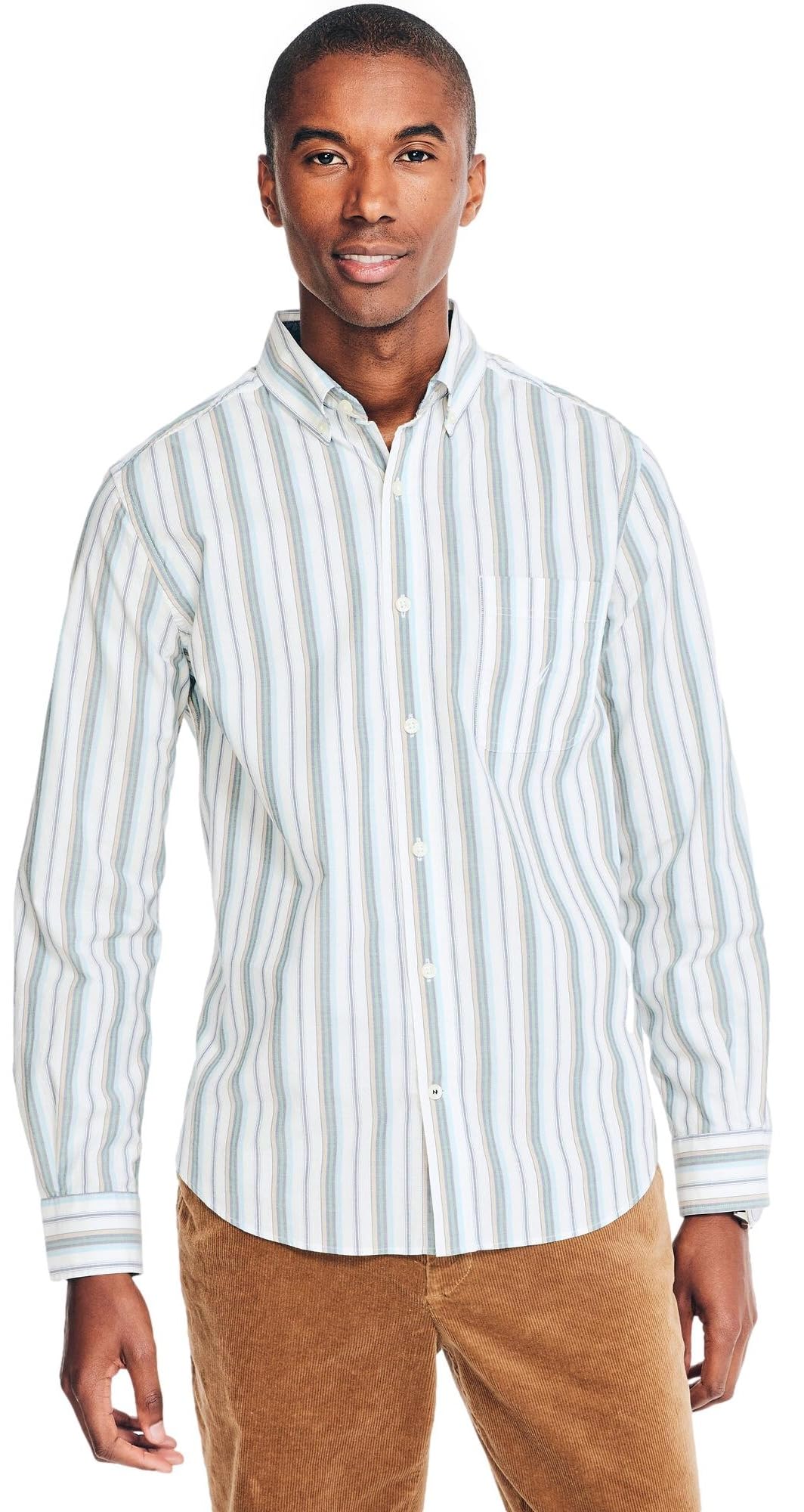 NAUTICA Mens Classic Button-down-shirts, Stripe Tan/Green., Medium US