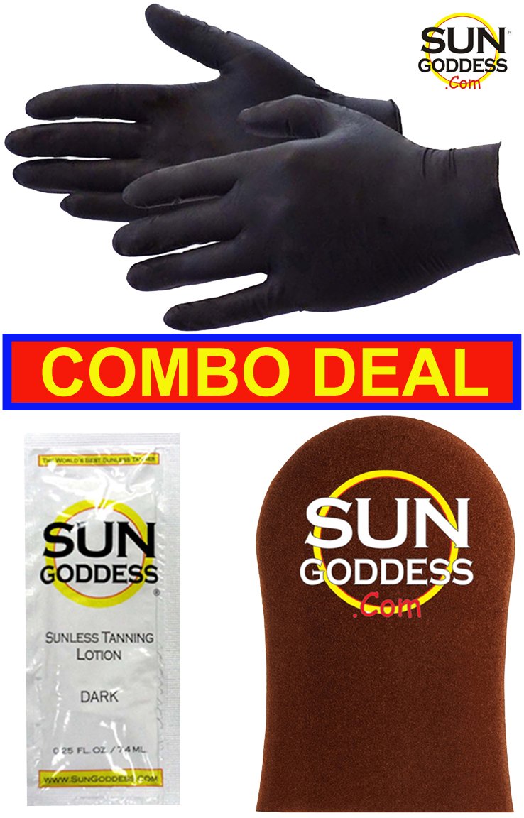 Sun Goddess - Best Combo Deal - Includes: 1 PAIR Sunless Self Tanning Application Gloves + 1 Sunless Self Tanner Lotion Sample + 1 Sunless Self Tan Applicator Mitt. Self Tanning Gloves Lotion Mitt
