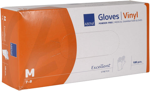 ABENA Stretch Vinyl Disposable Gloves, Multi Purpose Vinyl Gloves To Protect Your Hands, Reliable Powder Free Gloves, Disposable Medium, Strong & Flexible Medical Grade Gloves, Box of 100 - Medium