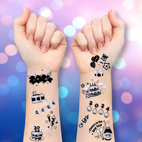Konsait New Years Tattoos for 2024 Eve Party Supplies NYE Decor Foil Styles Temporary Tattoo NYE Party Favors Happy New Year Decorations
