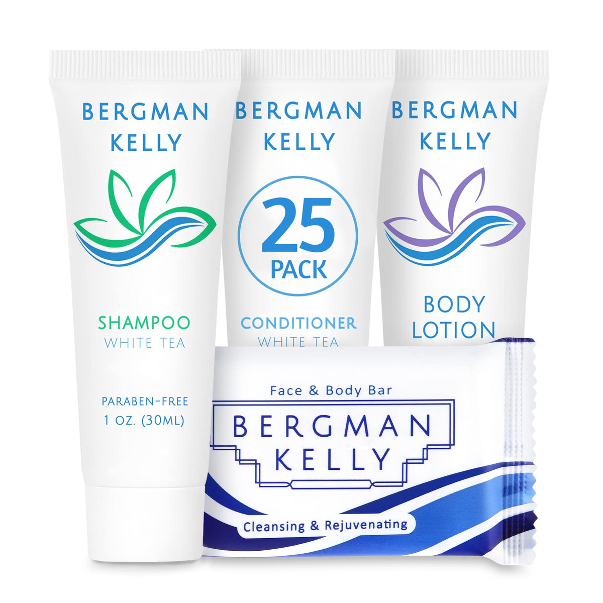 BERGMAN KELLY Hotel Toiletries Bundle (White Tea, 1 oz each, 100 Pieces) 4-Piece Set: 25 Rectangular Bar Soap, 25 Shampoo, 25 Conditioner & 25 Body Lotion - Bulk Mini Guest Amenities