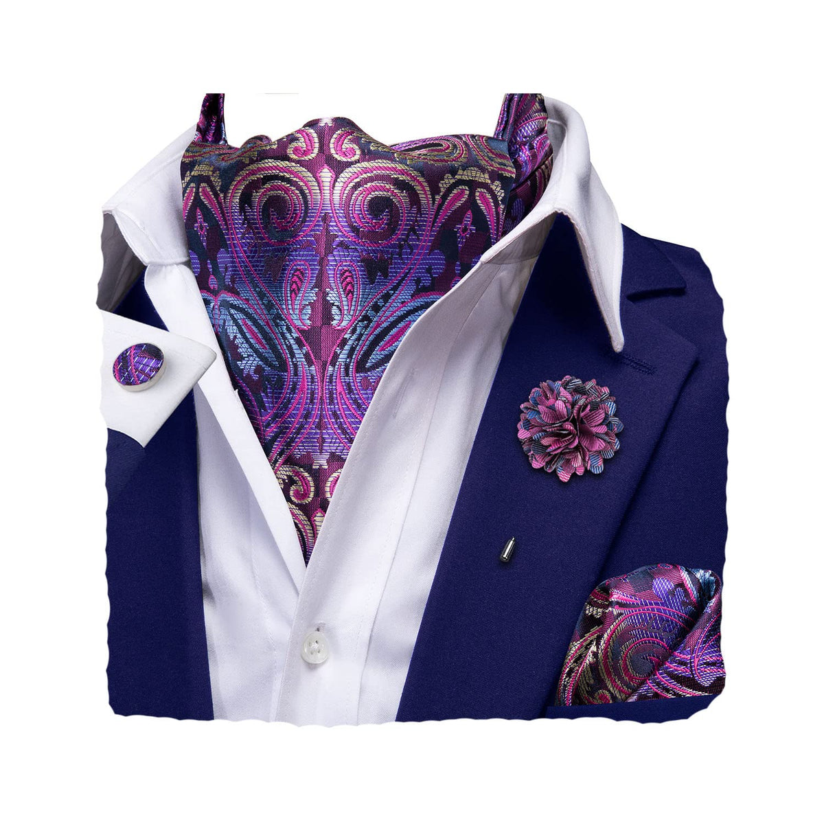 Hi-Tie Men's Cravat And Flower Lapel Pin Set Jacquard Silk Ascot Handkerchief Cufflinks For Wedding Party Daily Dress,Purple