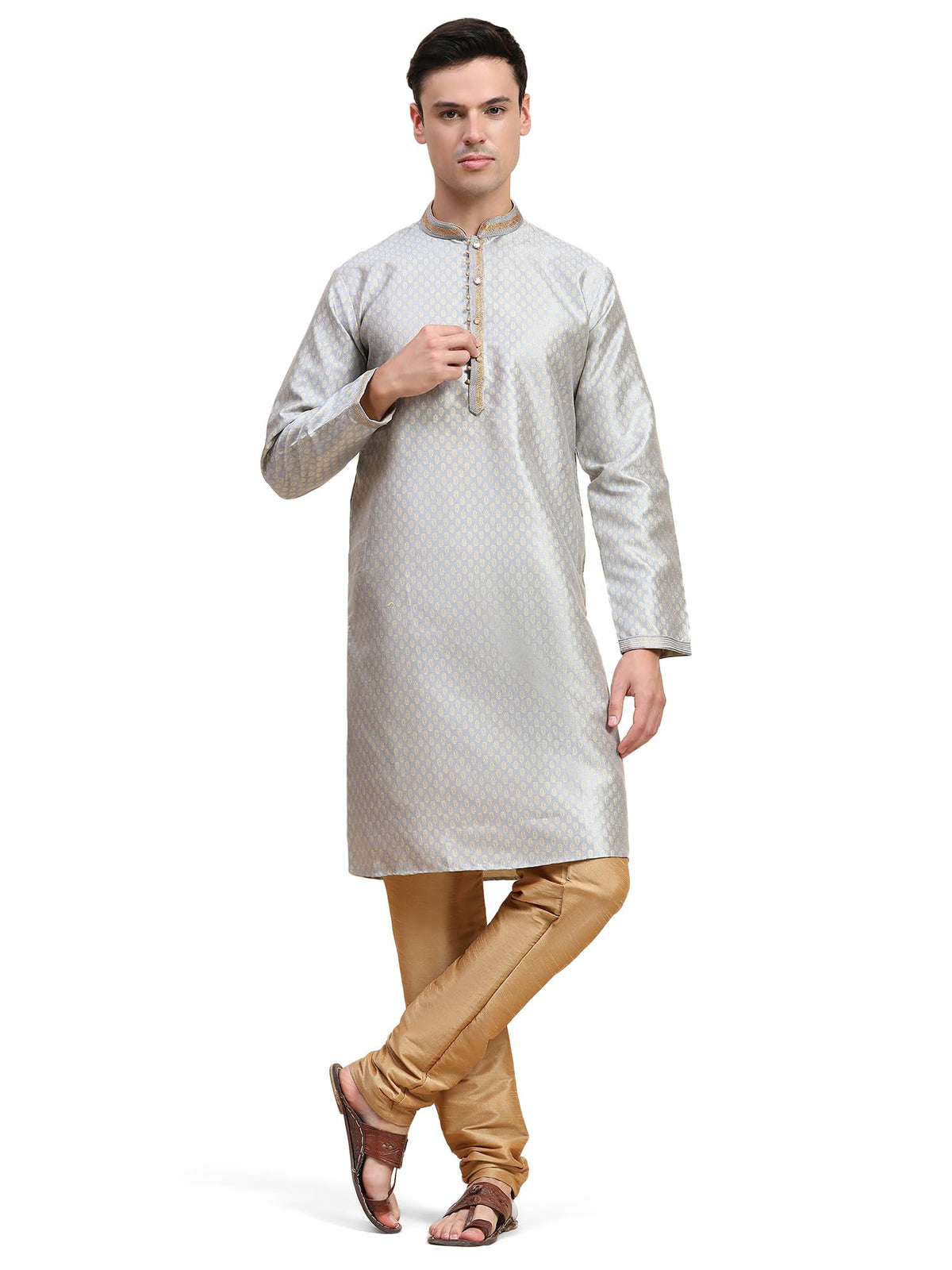 SKAVIJ Men's Jacquard Silk Woven Design Kurta Pajama Set Ethnic Motifs Long Sleeves Ethnic Dress (KP131light grey_Light Grey_L)