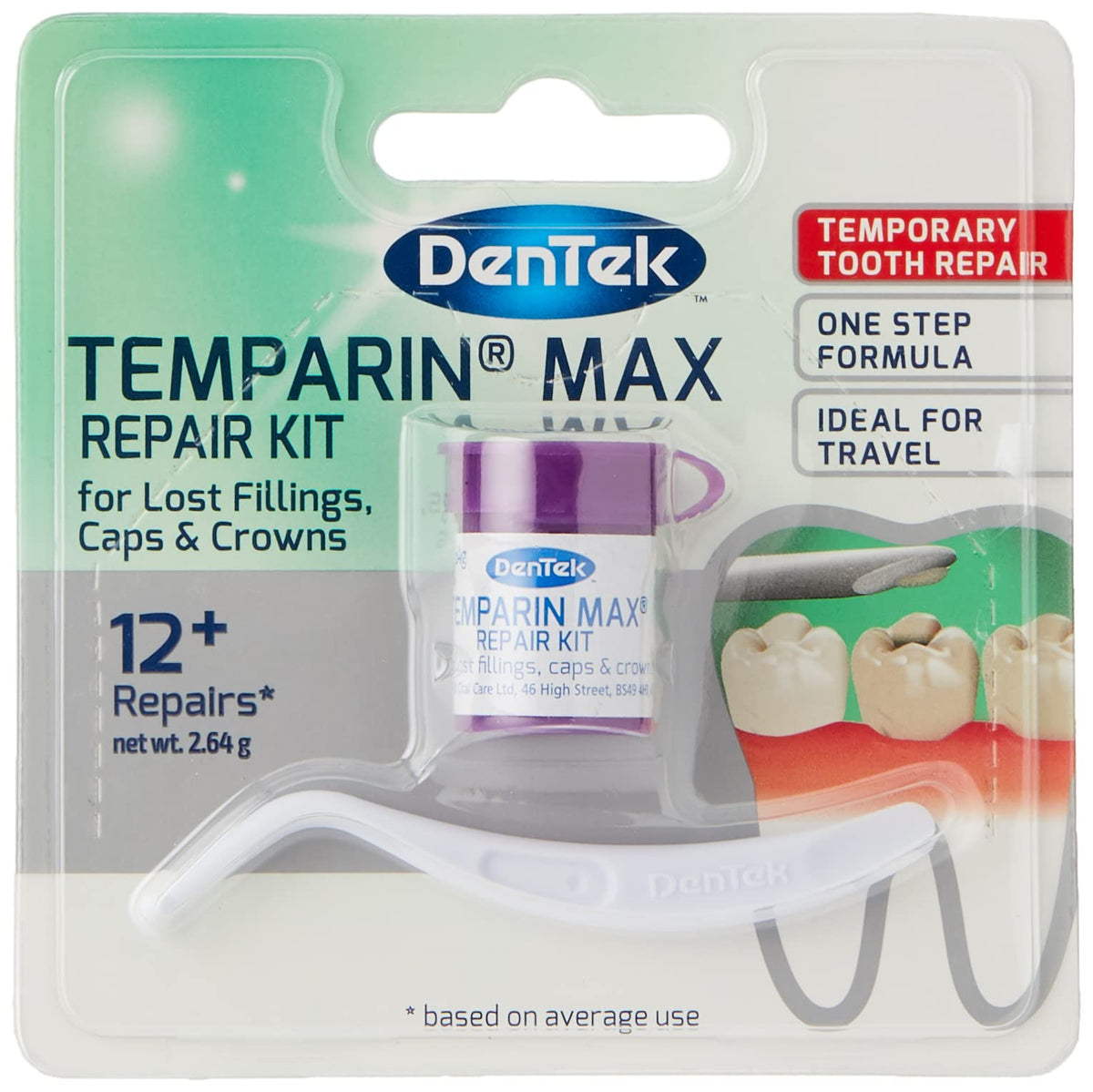 DenTek Temparin Max Home Dental Repair Kit for repairing lost fillings and loose caps, crowns or inlays - 12+/ 13+ Repairs(package may vary), silver