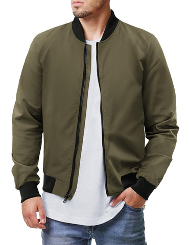 COOFANDY Men's Green Bomber Jacket Fashion Windbreaker Fall Winter Front Zip Jackets Army Green M