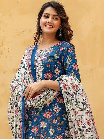 Vaamsi Women's Rayon Cotton Blend Floral Printed Straight Kurta Pant With Dupatta (VKSKD1238_Blue_XXL)