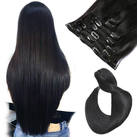 Clip in Hair Extensions Real Human Hair, Natural Black Real Hair Extensions Clip in Human Hair,14 Inch 7 Pcs 70G Wefts Straight Remy Human Hair Clip in Extensions