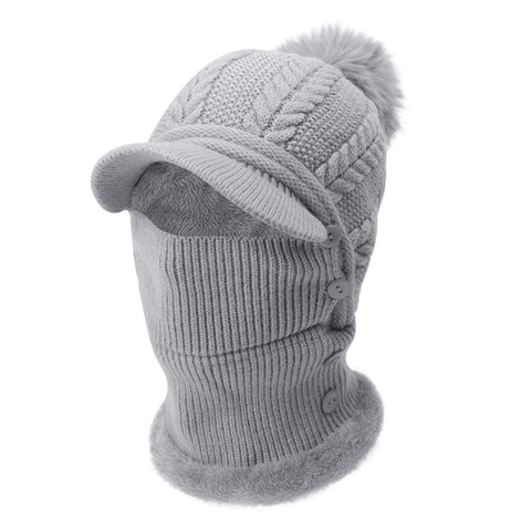 YJZQ Winter Women's Knitted Hat Aviator Hat with Ear Protection Warm Ski Hat with Scarf Winter Balaclava Baseball Hat Winter Hat with Bobble Winter Hat with Plush Lining Outdoor Cycling Skiing, gray,