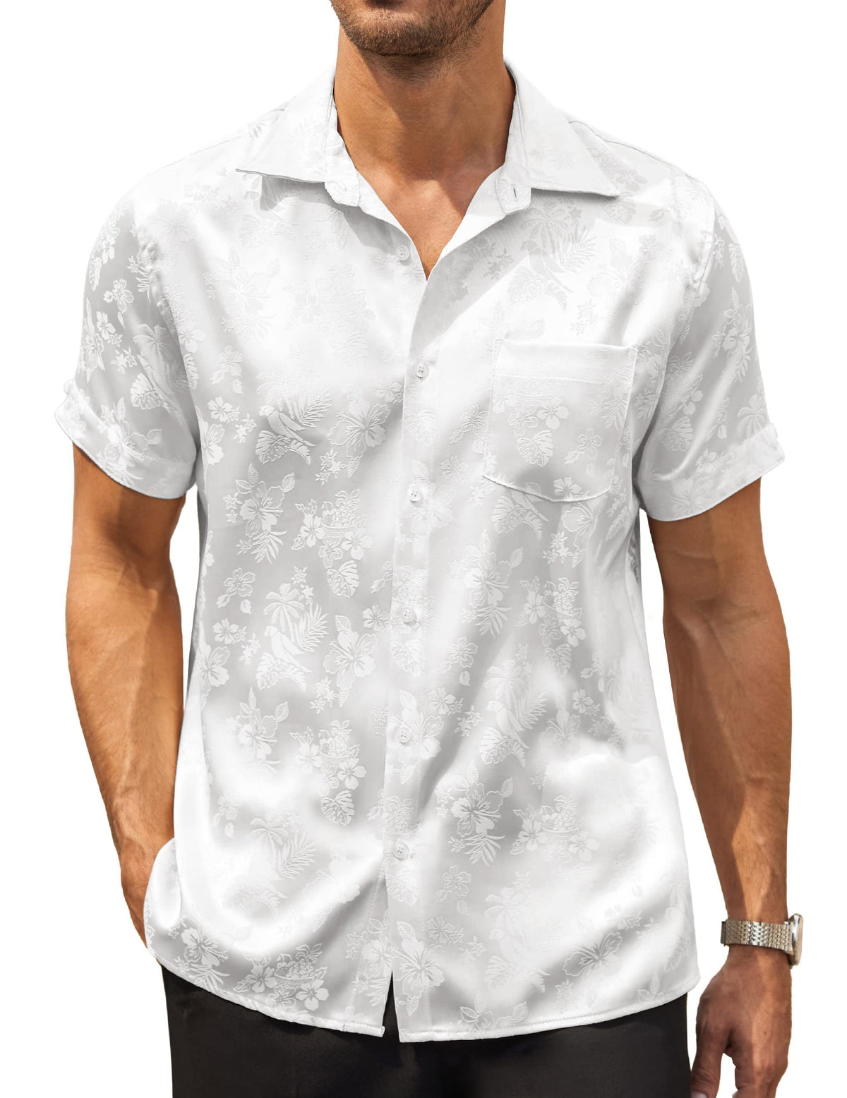 COOFANDY Mens Silk Short Sleeve Button Down Shirts Summer Casual Dress Shirt White