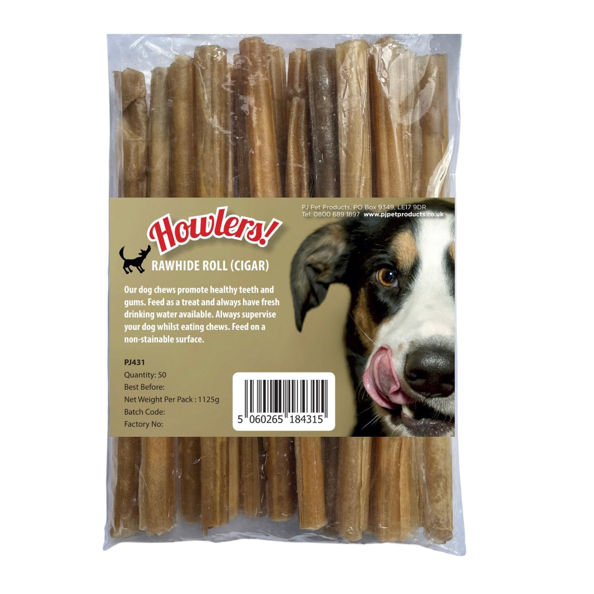 HOWLERS Pack of 50 Natural Rawhide Cigars 1.125 KG | Rawhide Dog Chews Made From 100% Natura Hide | Dog Chew Dog Sizes (50)