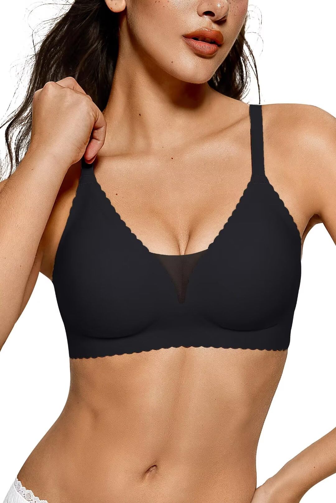 Vertvie Womens Seamless Wireless Bras No Underwire Comfortable Deep V Mesh Bralettes Push Up Bras Full Coverage Everyday Bra(Black,XX-Large)