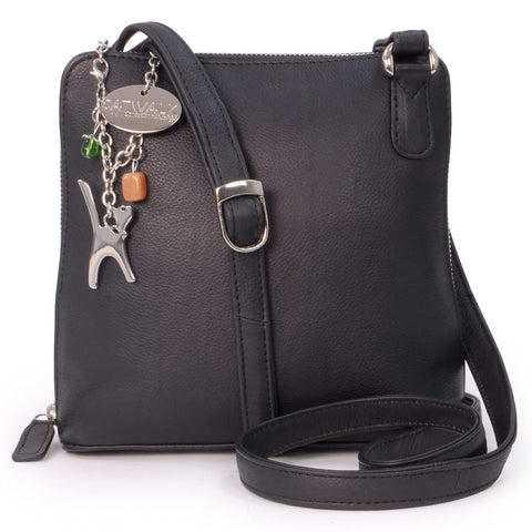 Catwalk Collection Handbags - Womens Medium Leather Cross Body Bag/Shoulder Bag with Long Adjustable Strap - ELEANOR - Black