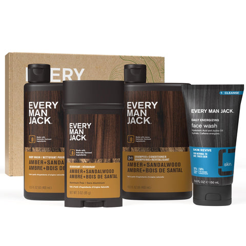 Every Man Jack MenÃ¢â‚¬â„¢s Amber + Sandalwood Bath and Body Gift Set - Clean Ingredients & Sandalwood, Amber, and Vetiver scent - Round Out His Routine with Body Wash, 2-in-1 Shampoo, Deodorant & Face Wash