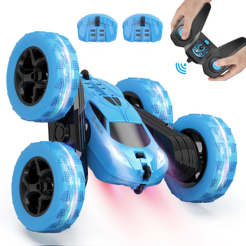 QUNREDA Remote Control Car for Kids Ages 6+, RC Cars Stunt Car Toy 4WD Double Sided 360ÃƒÆ’Ã†â€™ÃƒÂ¢Ã¢â€šÂ¬Ã…Â¡ÃƒÆ’Ã¢â‚¬Å¡Ãƒâ€šÃ‚Â° Rotating Remote Control with Headlights, Birthday Xmas Gifts for Boys 6 7 8 9 10 11 12 Blue