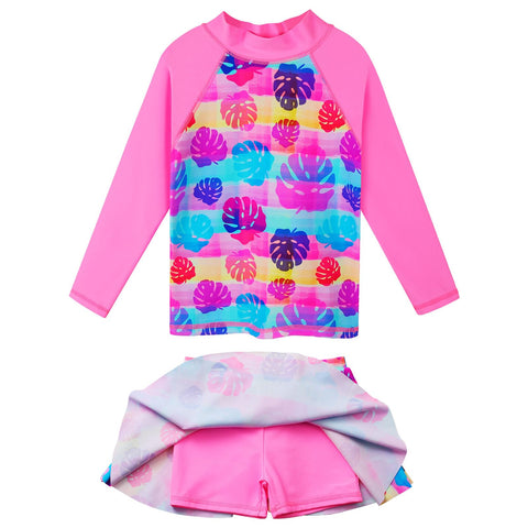 BAOHULU Girl's Two-Piece Long Sleeve Swimsuits UPF50+ Rash Guard Kids Bathing Suit S379_RainbowLeaves_14A