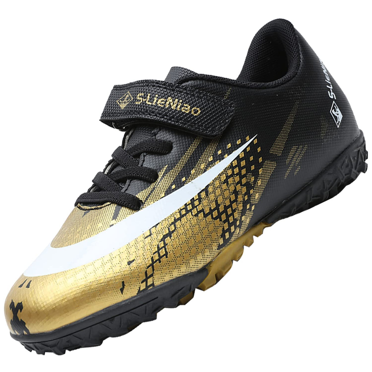 VLOOKST Football Boots Boys Astro Turf Trainers Kids Non-Slip Junior Football Shoes Sports Shoes Outdoor Athletic Sneakers Girls Soccer Shoes Unisex Black Gold 4UK