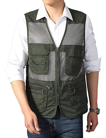 Sukany Men's Summer Safari Fishing Utility Vest Outdoor Mesh Work Photography Travel Hiking Multi-Pockets Waistcoat Jacket Army Green L