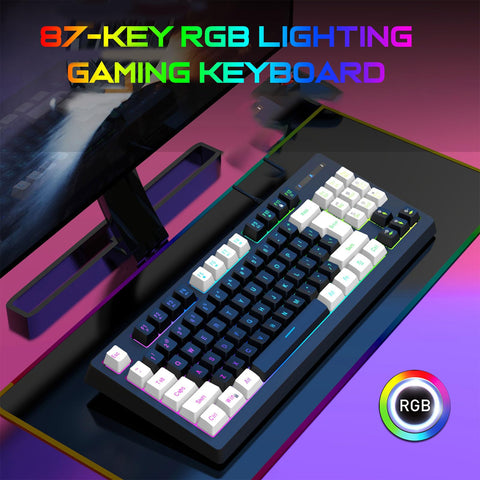 ciciglow 87 Key Mechanical Keyboard, RGB Backlight Wired Gaming Keyboard Double Color Multimedia Keyboard for Home Dormitory Office (White Black)