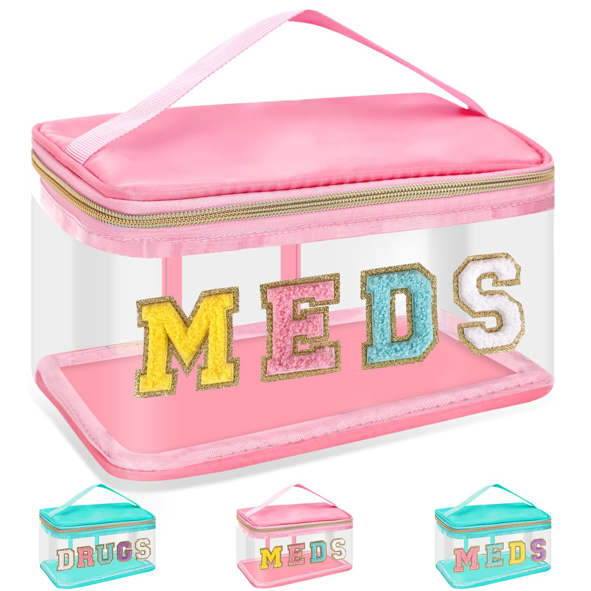 Chenille Letter Bag Clear MEDS Makeup Pouch, Waterproof Portable Medicine Bag for Traveling Preppy Small Meds Bag Zipper Pouch with Handle, Nylon Drugs Toiletry Organizer for Patient Nurse(MEDS-Pink)
