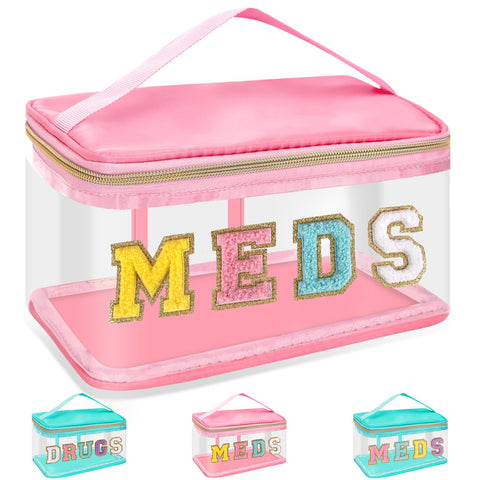 Chenille Letter Bag Clear MEDS Makeup Pouch, Waterproof Portable Medicine Bag for Traveling Preppy Small Meds Bag Zipper Pouch with Handle, Nylon Drugs Toiletry Organizer for Patient Nurse(MEDS-Pink)