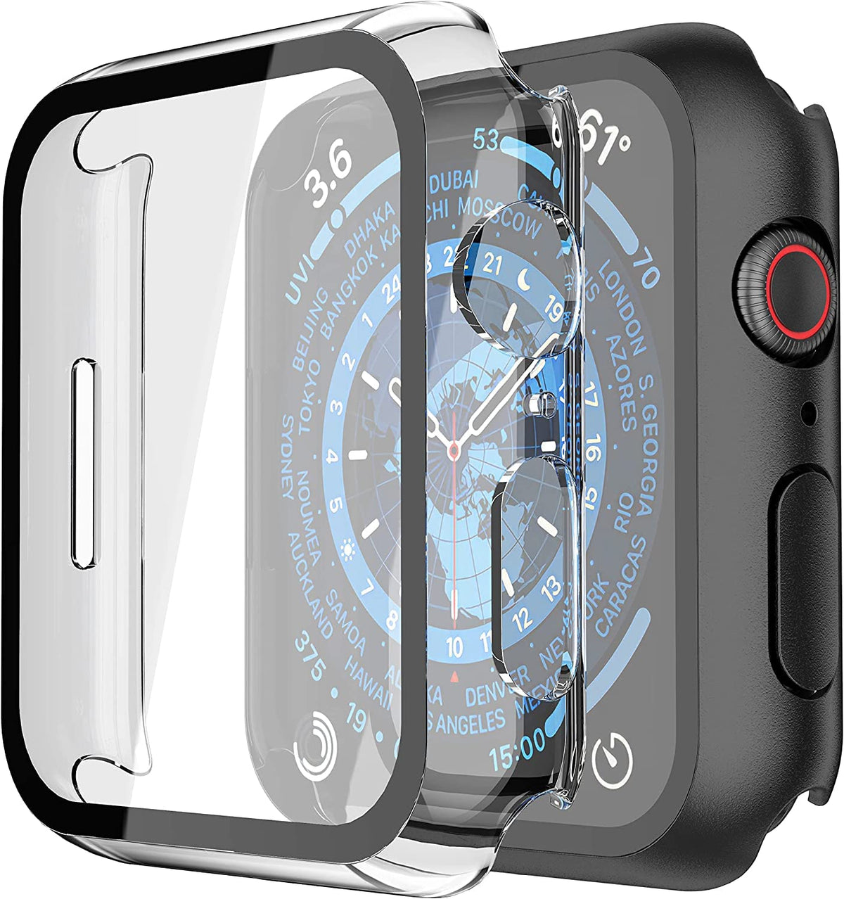 Piuellia 2 Pack Hard Case with Tempered Glass Screen Protector for Apple Watch Series 9 Series 8 Series 7 41mm, Ultra-Thin Overall PC iWatch Protective Cover, 1 Black + 1 Transparent