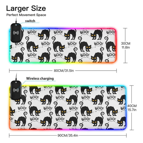 Halloween Black Cats Wireless Charging Mouse Pad for Mobile Phone Extra Large Gaming Mousepad with 13 Lighting Modes Mouse Mat for Office Home Gaming MacBook PC Laptop Desk